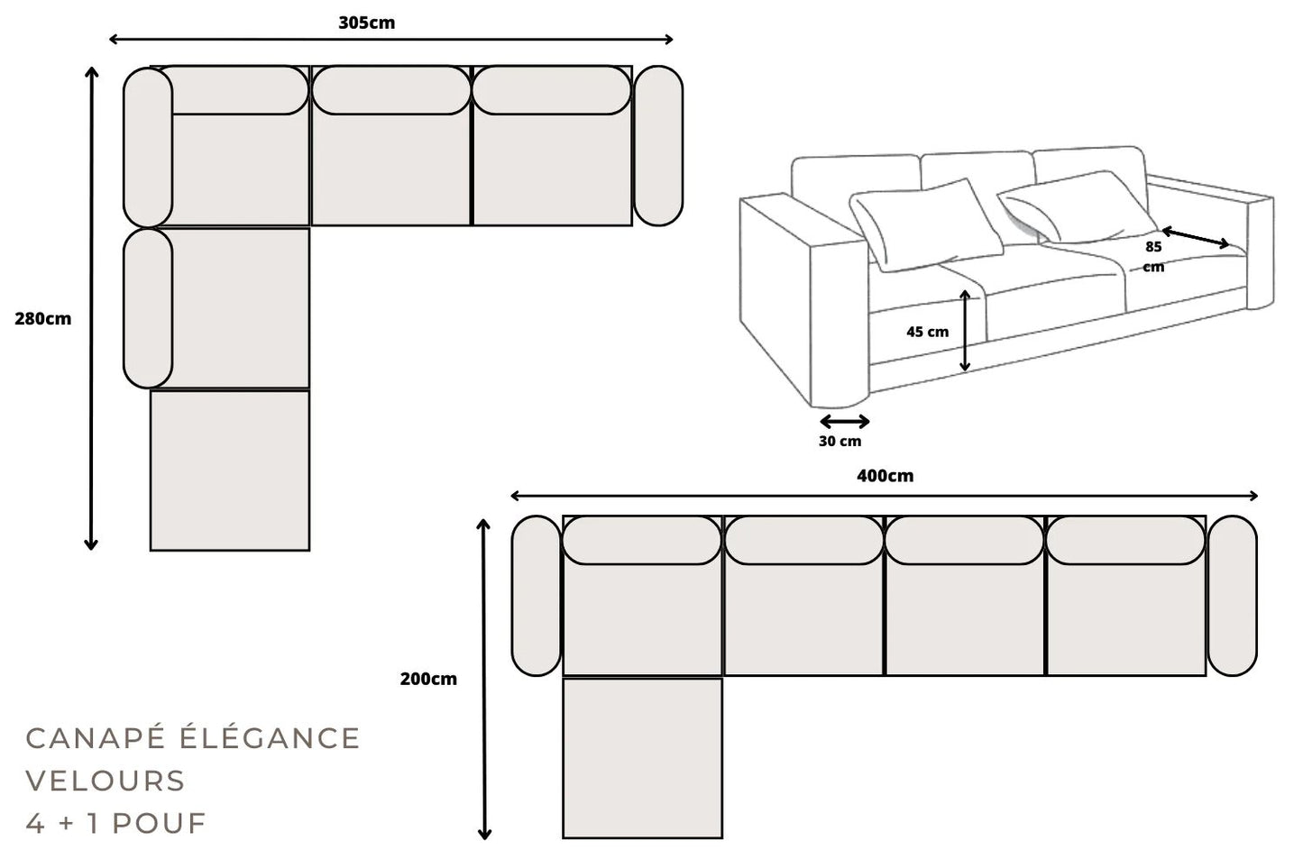 Canapé Elégance Velours 4+1 module beige