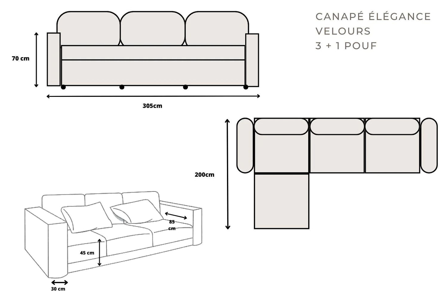 Canapé Elégance Velours 3+1 module beige