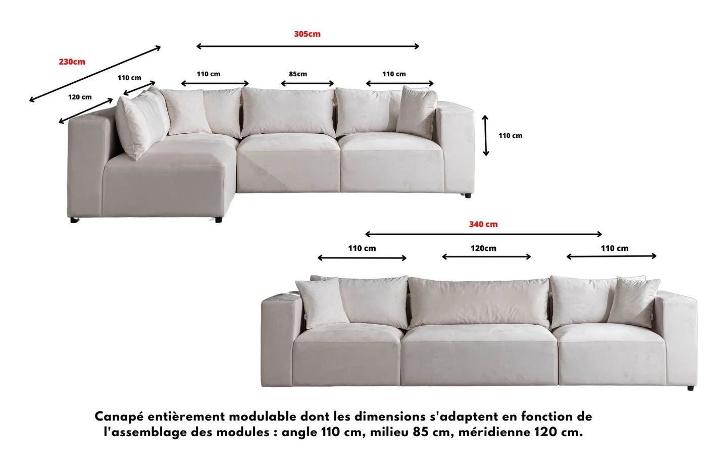 Canapé Azra Modulable Velours Blanc cassé